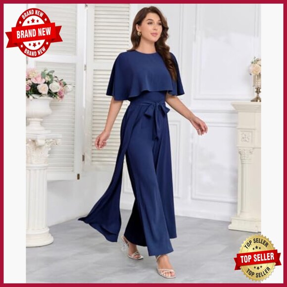 Formal Jumpsuit Cape Sleeve Wide Leg Belted Maxi One-Piece Evening Wear - Picture 6 of 7